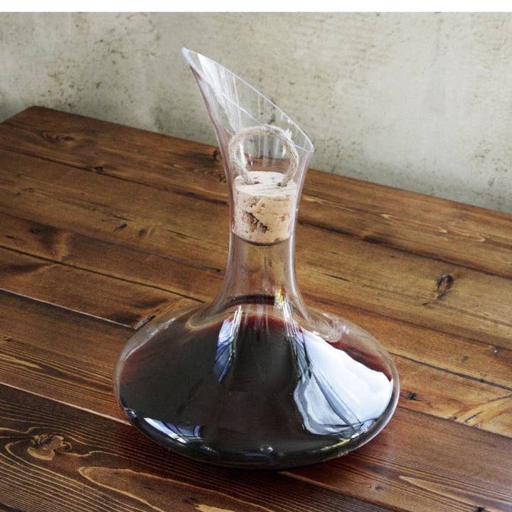 Wednesday 750mL Flat Bottom Wine Decanter with Walnut base and Pull Cork for wholesale by Swoon Living