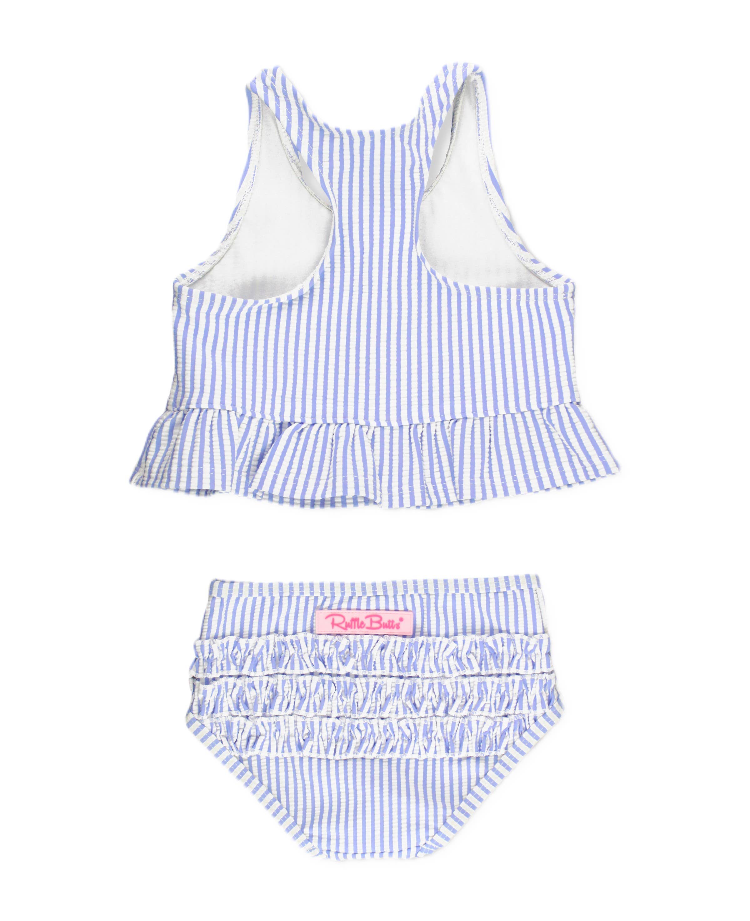 RuffleButts + RuggedButts – wholesale Two-piece swimsuit – Kids – Girls Periwinkle Blue Seersucker Peplum Tankini 2-Piece Swimsuit with Signature Rear Ruffles1