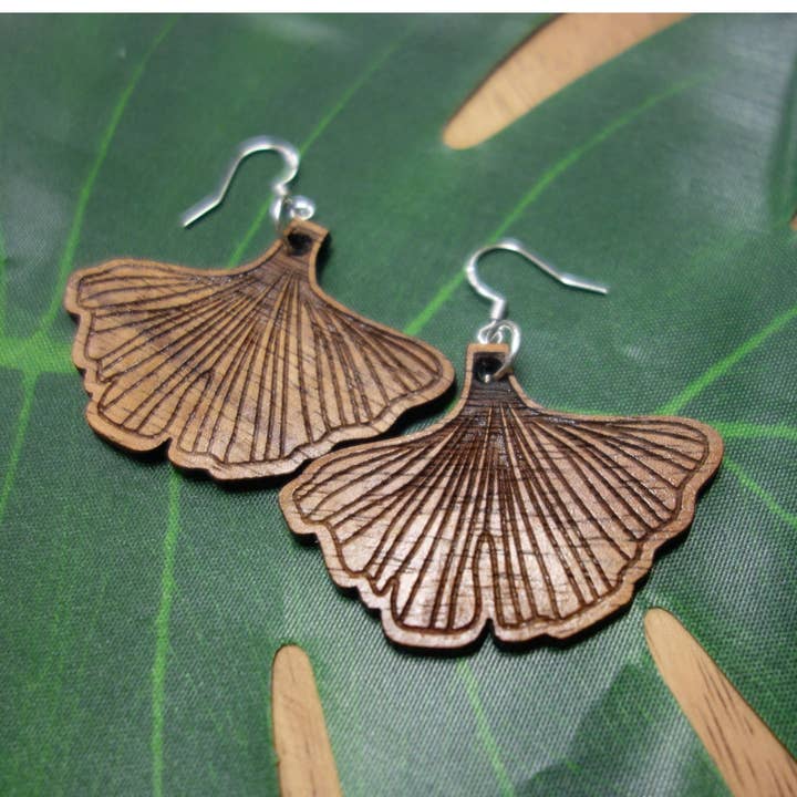 Koa Wood Gingko Leaf Earrings for wholesale by Aloha Cuts