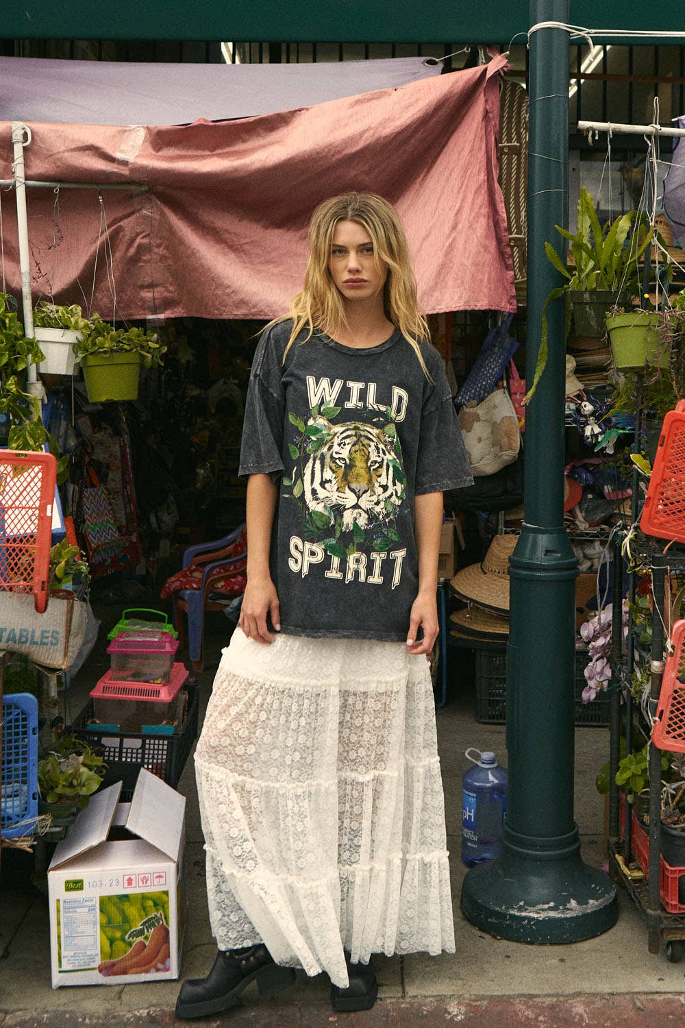 Charcoal Wild Spirit Vintage-Wash Oversized Graphic Tee for wholesale on Faire1