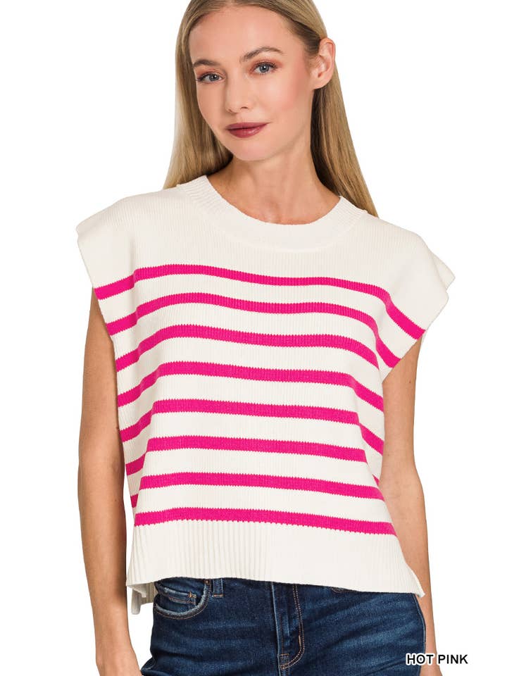 42POPS - Wholesale Outerwear Vest - Women's - ',,.._ Oversized Crew Neck Stripe Sweater Vest9