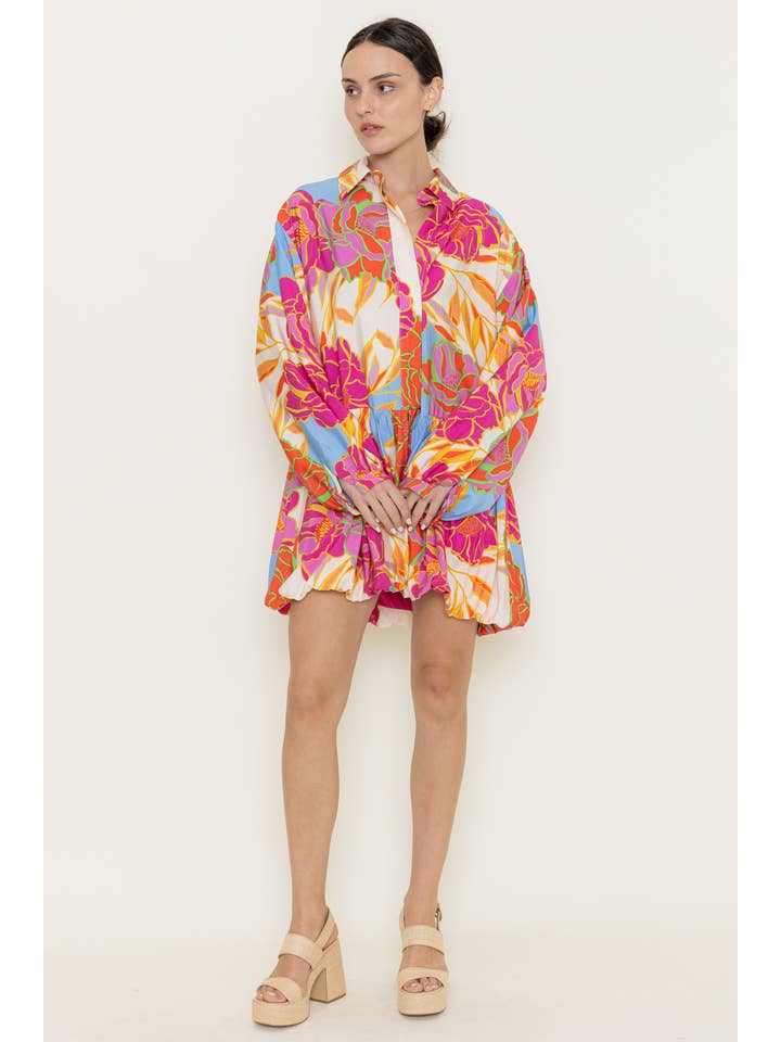 FLORAL LONG SLEEVE BUBBLE SKIRT MINI SHIRT DRESS-DD8843BFO for wholesale on Faire
