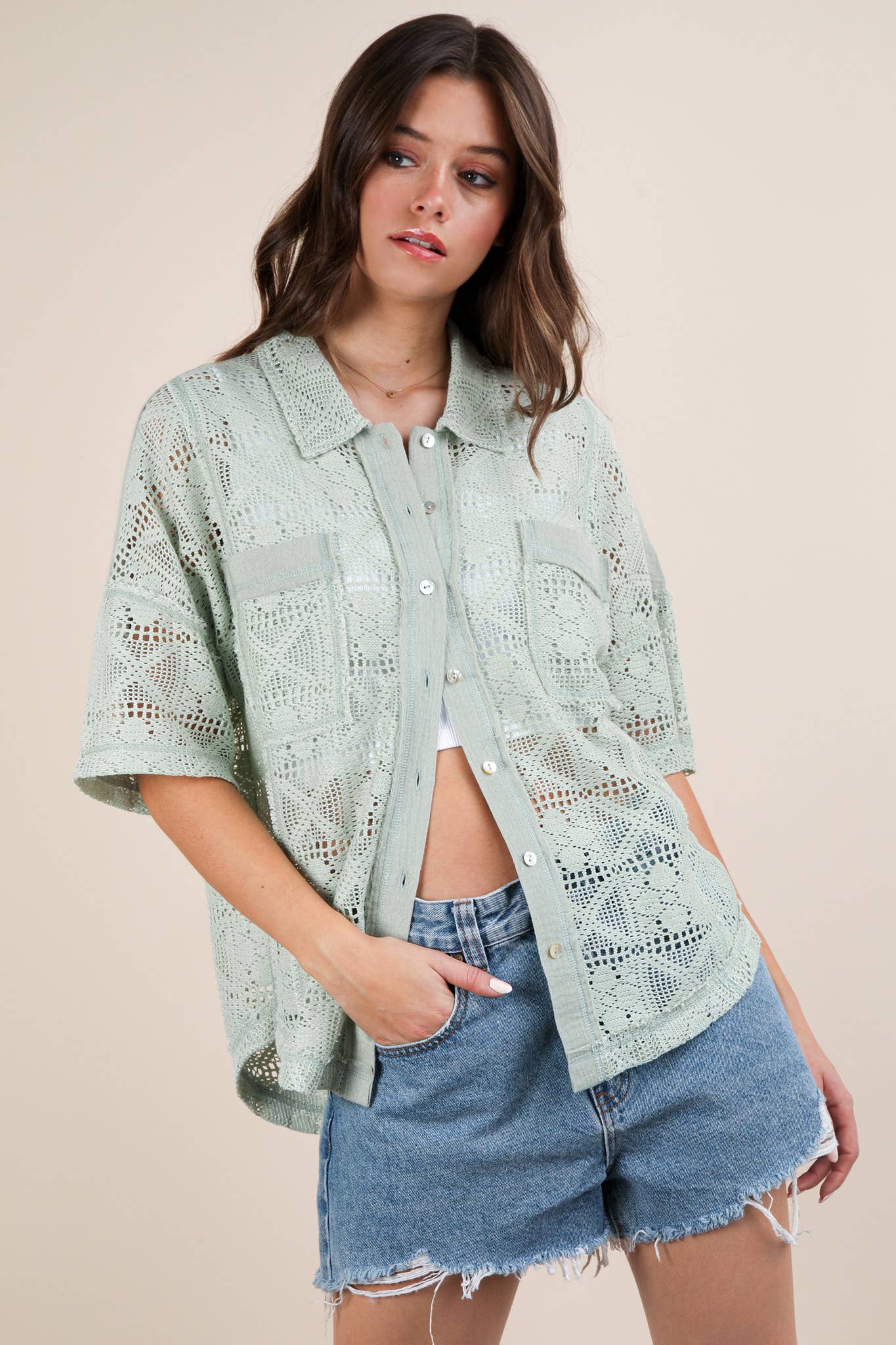 VERY J - Wholesale Jacket - Women's - NT12083-Oversized Crochet Button Down Shirt Top3