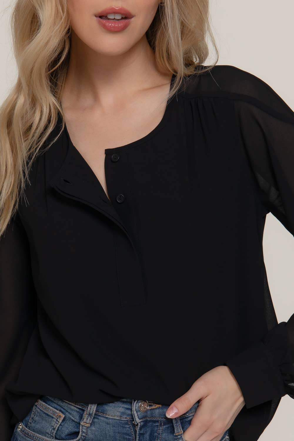 Active Basic | Active USA - Wholesale Blouse - Women's - Long Sleeve Round Neck with Hidden Placket Chiffon Blouse4