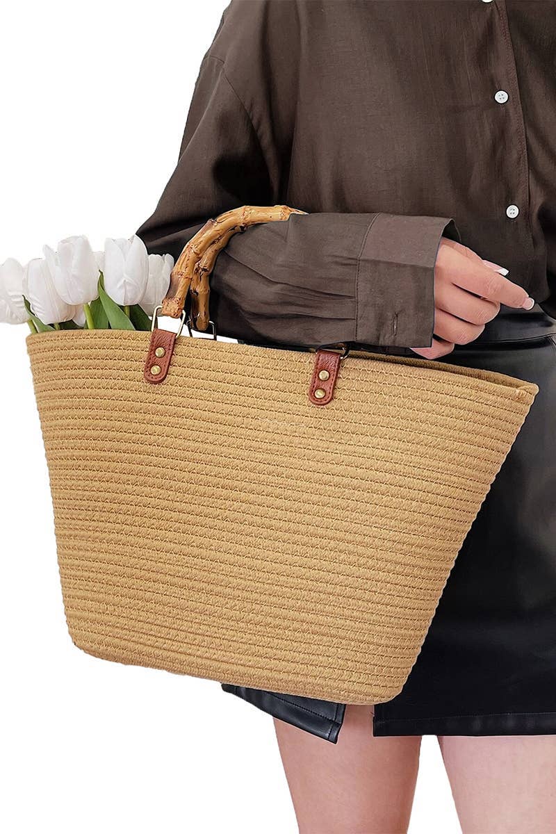Cap Zone - Wholesale Beach Bag - Oversized Faux Bamboo Handle Braided Woven Beach Tote Bag4