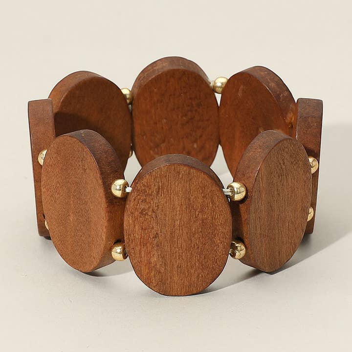 Chunky Oval Wooden Plate Beaded Stretch Bracelet for wholesale by Sensibling Corp.