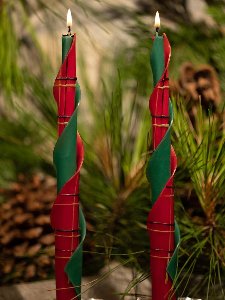 Tartan Plaid Double Spiral Pair of Beeswax Candles for wholesale by Summerfield Candles