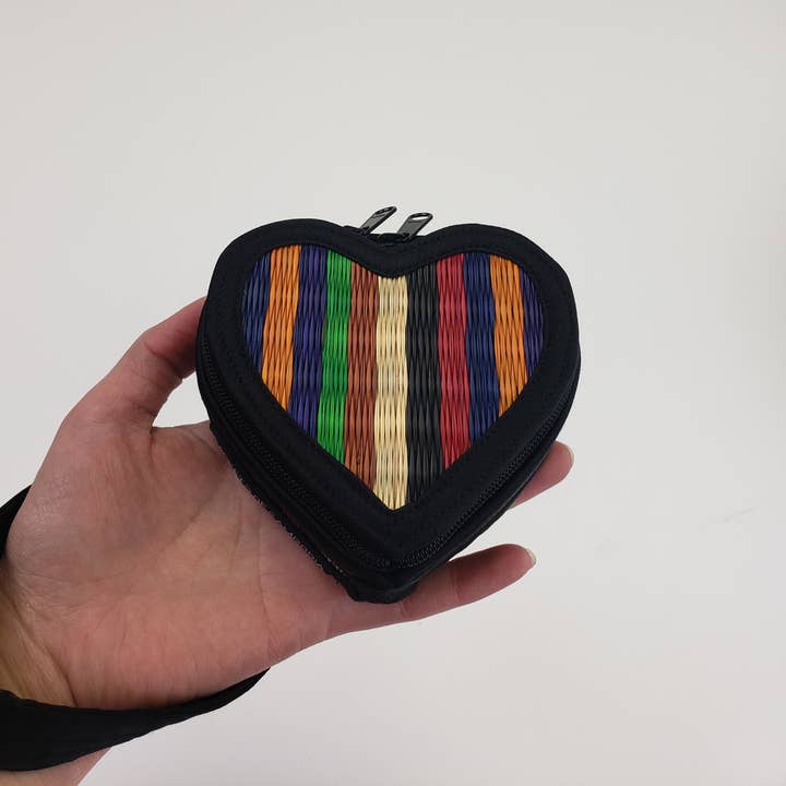 Heart Shape Striped Multicolor Earphone Case with Wristlet for wholesale by Baskets of Cambodia