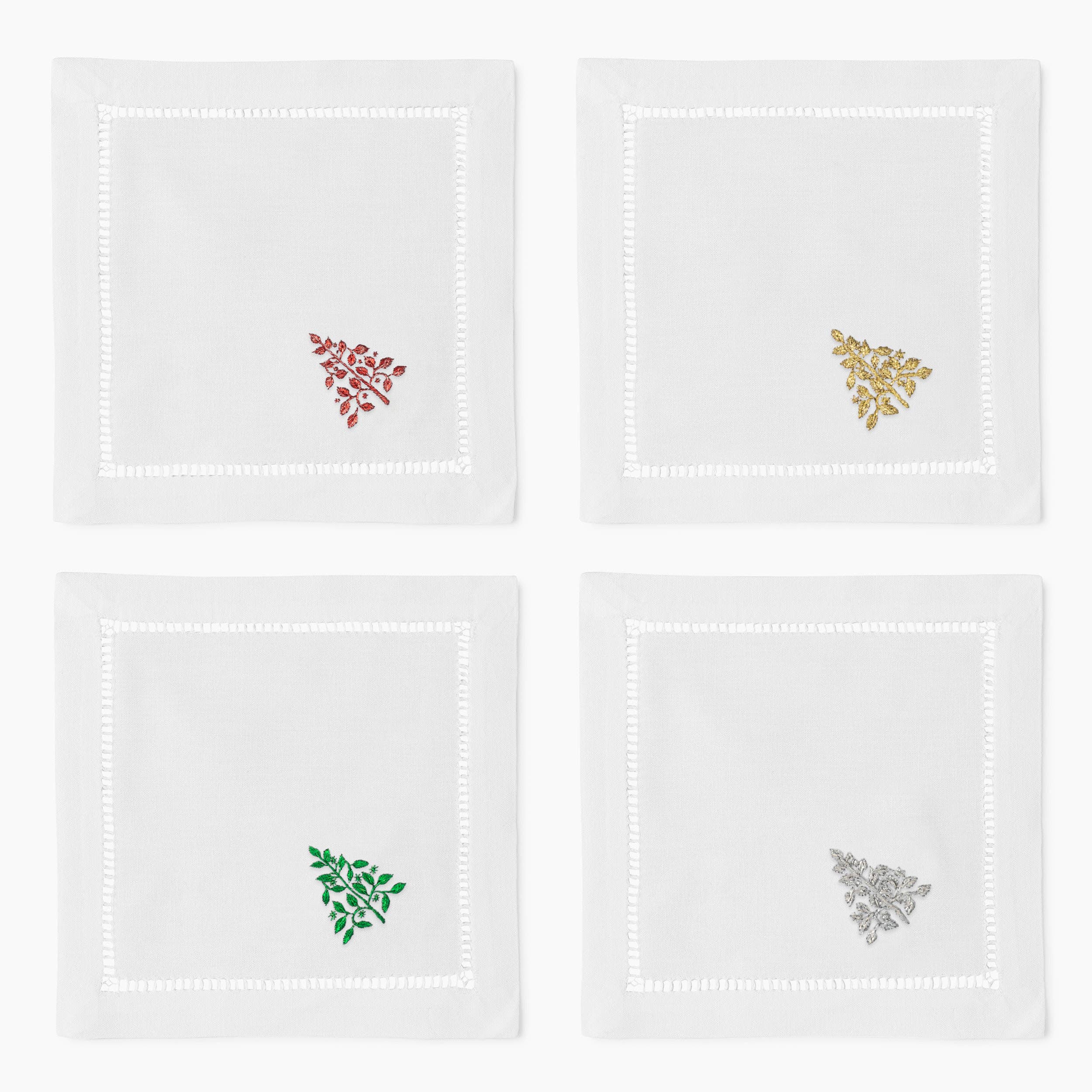 Henry Handwork Christmas Cloth Napkins, Hand-Embroidered Cotton, 5