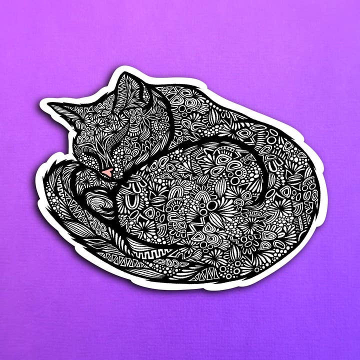 Black Sleeping Cat Sticker (WATERPROOF) for wholesale by Zenspire Designs