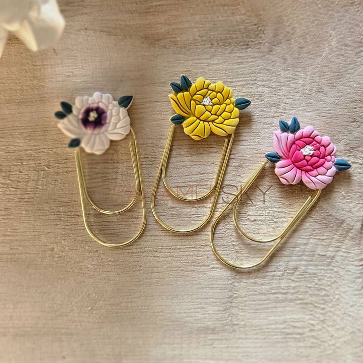Caramel Sky - Wholesale Bookmark - Handmade Peony Flower Paperclip Bookmark, Clay Bookmark