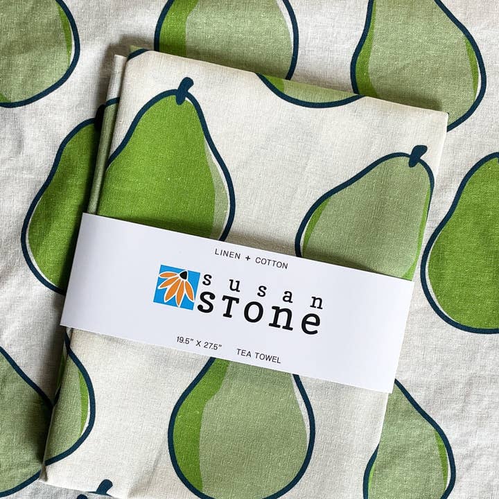 Linen + Cotton Tea Towel with Pears for wholesale by Susan Stone Design