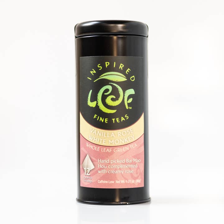 Vanilla Rose White Monkey Pyramid Tin. Spring blend. for wholesale by Inspired Leaf Teas