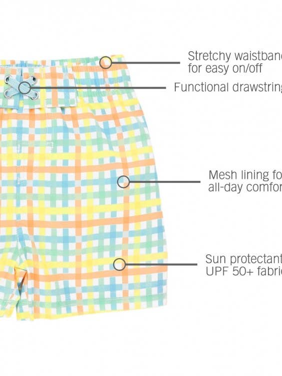 RuffleButts + RuggedButts – wholesale Swim shorts – Kids – Boys Summertime Gingham Swim Trunks
