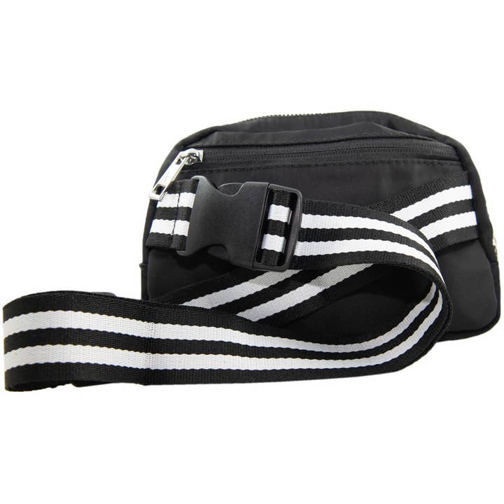 Black Solid Belt Bag with Striped Strap for wholesale on Faire