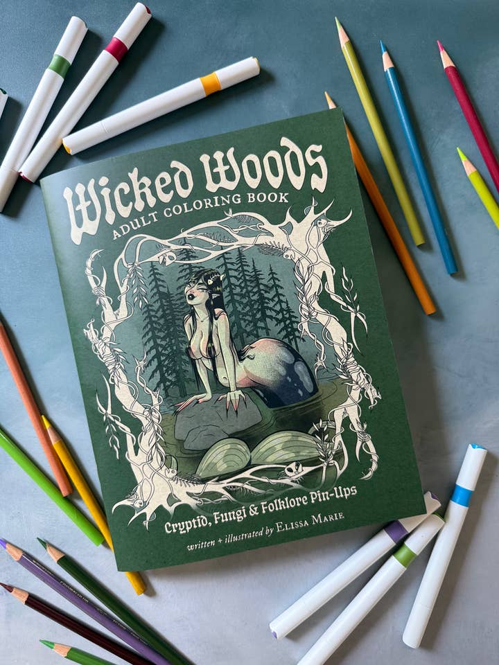 Livre de coloriage pour adultes Wicked Woods : Cryptides, champignons et folklore pour la vente par Elissa Marie Creative