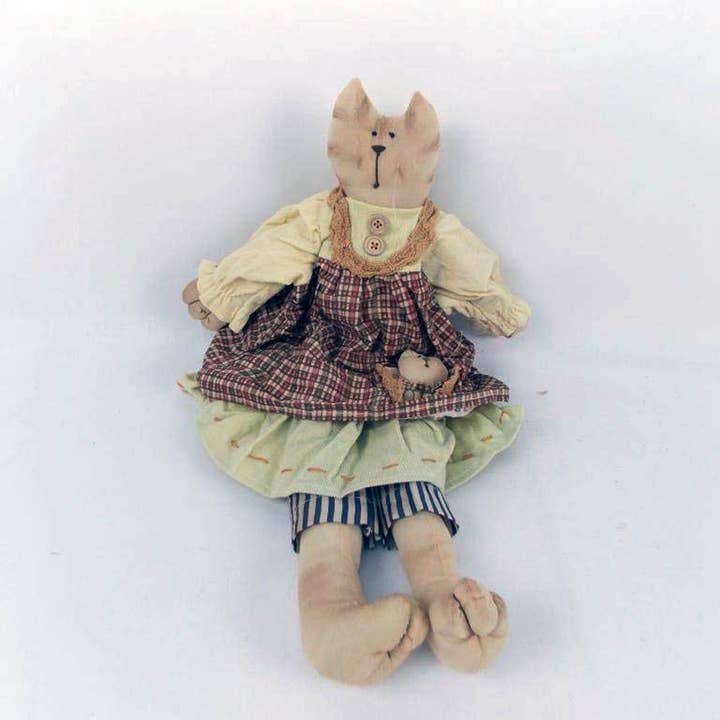Fabric Cat Figurine with Dress, Tan, Sitting - 20" Tall (Standing) for wholesale by Birch Maison