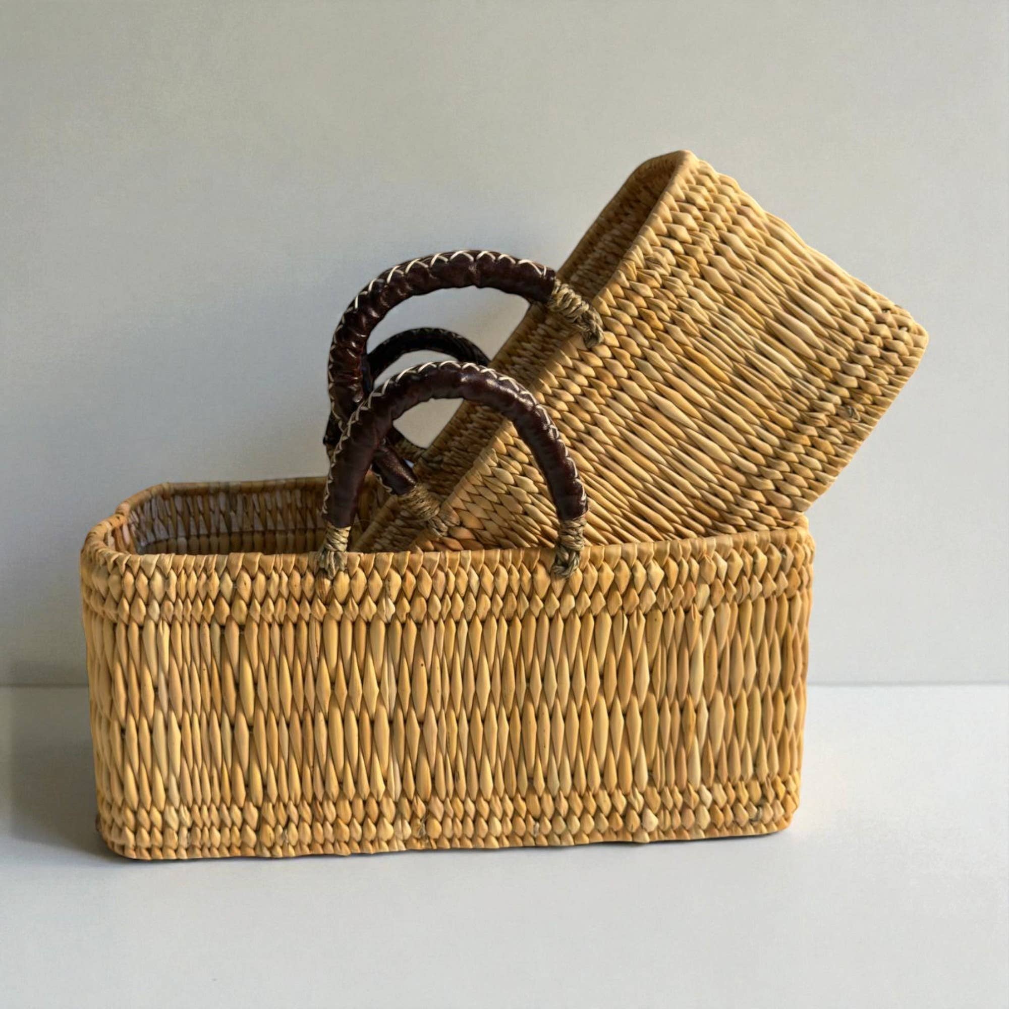 Melecraft - Vente Paniers - Ensemble de paniers en roseau naturel - Avec cuir marocain fait main7