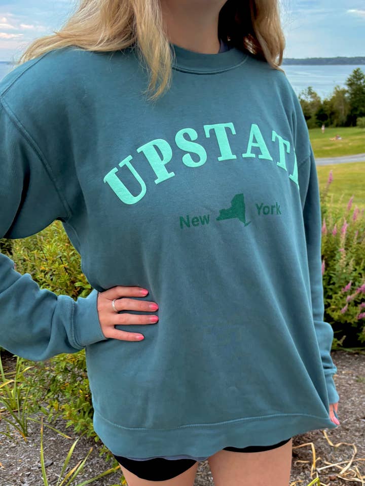 Upstate New York Teal Puff Print Crewneck – Dyed Ringspun Fleece and other Purchase Wholesale upstate. Free Returns & Net 60 Terms on Faire trending on Faire.