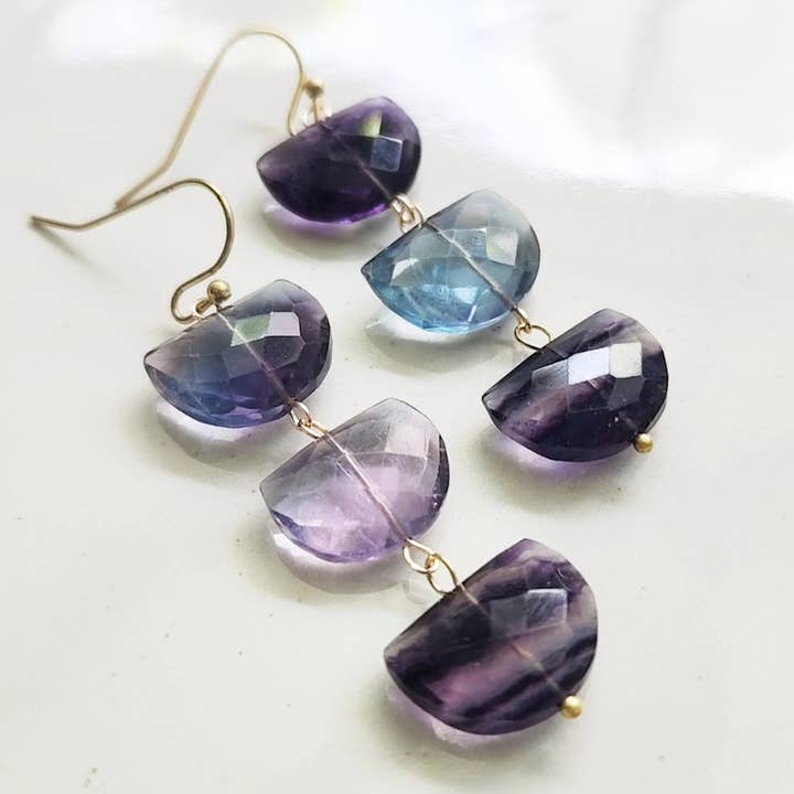Natural Fluorite Gemstone Half Moon Dangle Earrings for wholesale by Sara Sela Jewelry