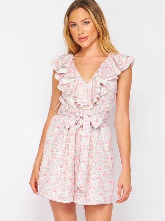 Women Woven Floral Print Sleeveless Ruffle front Romper for wholesale by MintChoco