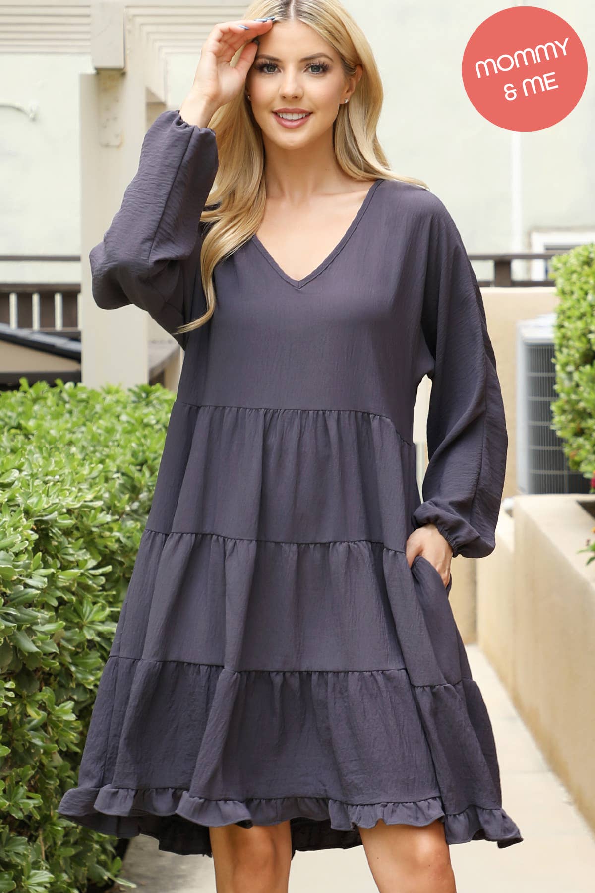 You & Me - Wholesale Dress - Women's - YMD10057V-WOVEN PUFF SLEEVE V-NECK ELASTIC WAIST TIERED11