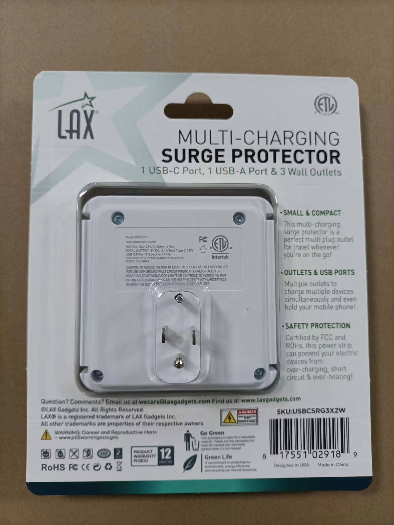 LAX Gadgets - Wholesale Power Adapter - Surge Protector 3 Wall Outlets 1 USB-C & USB-A Retail Pack4