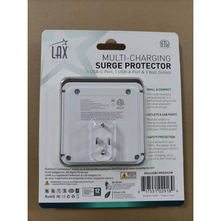 LAX Gadgets - Wholesale Power Adapter - Surge Protector 3 Wall Outlets 1 USB-C & USB-A Retail Pack4