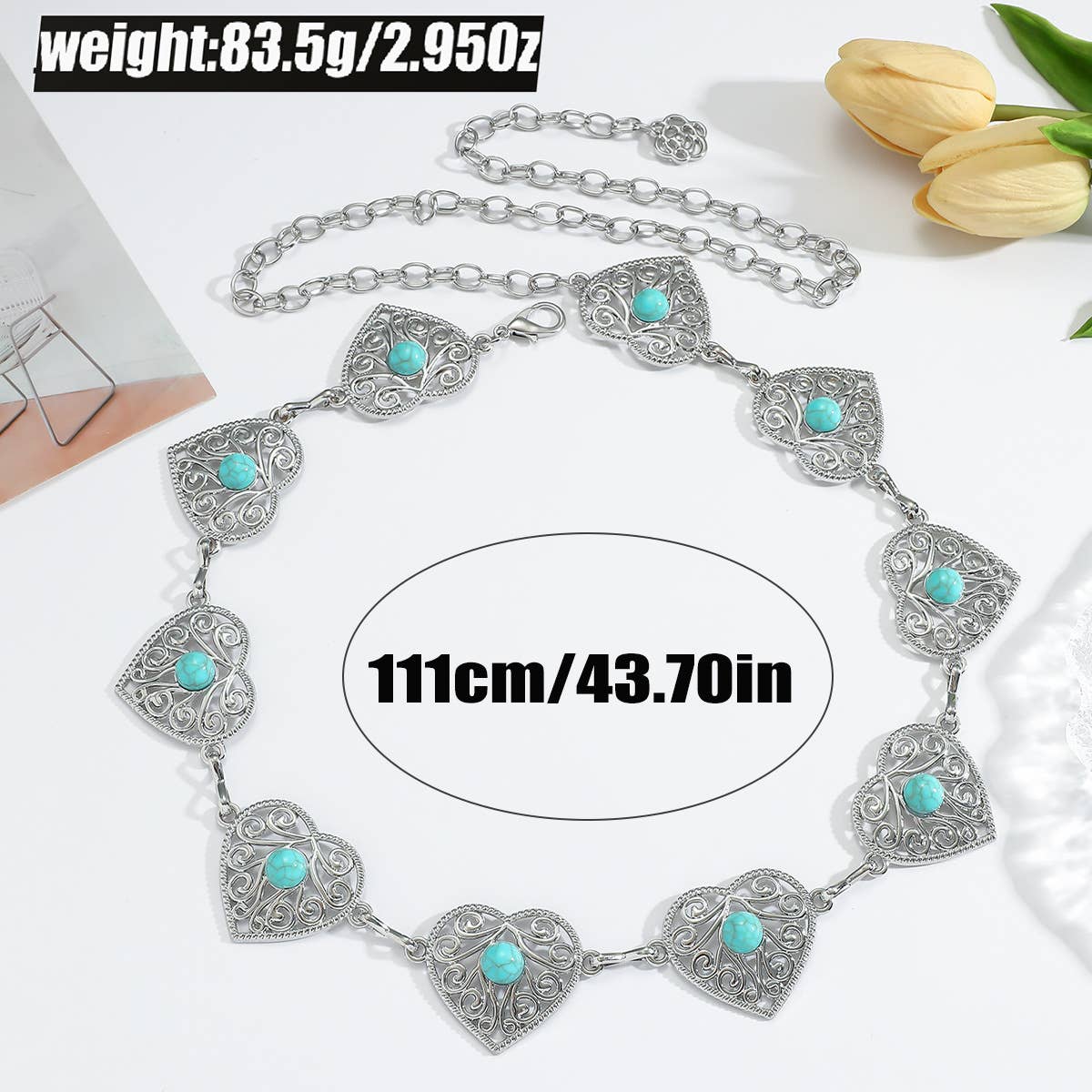 Tourtiwi - Wholesale Belt - Women's - Boho Heart Shape Turquoise - Inlaid Metal Waist Chain5