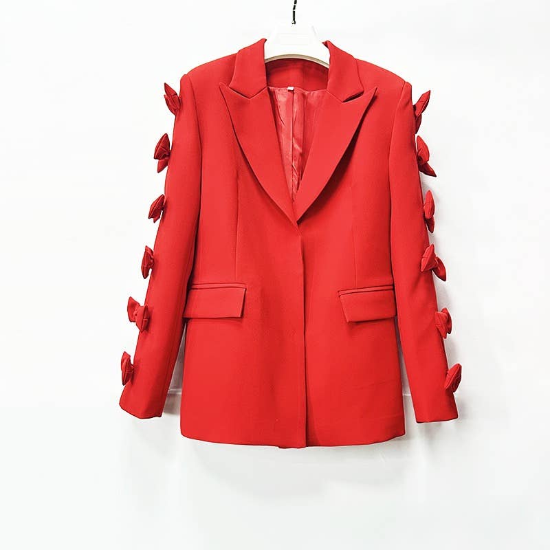 Sanyao Fashion - Vente Veste de tailleur – femme  - Veste de costume mi-longue rouge chic à manches à nœud papillon SY2542