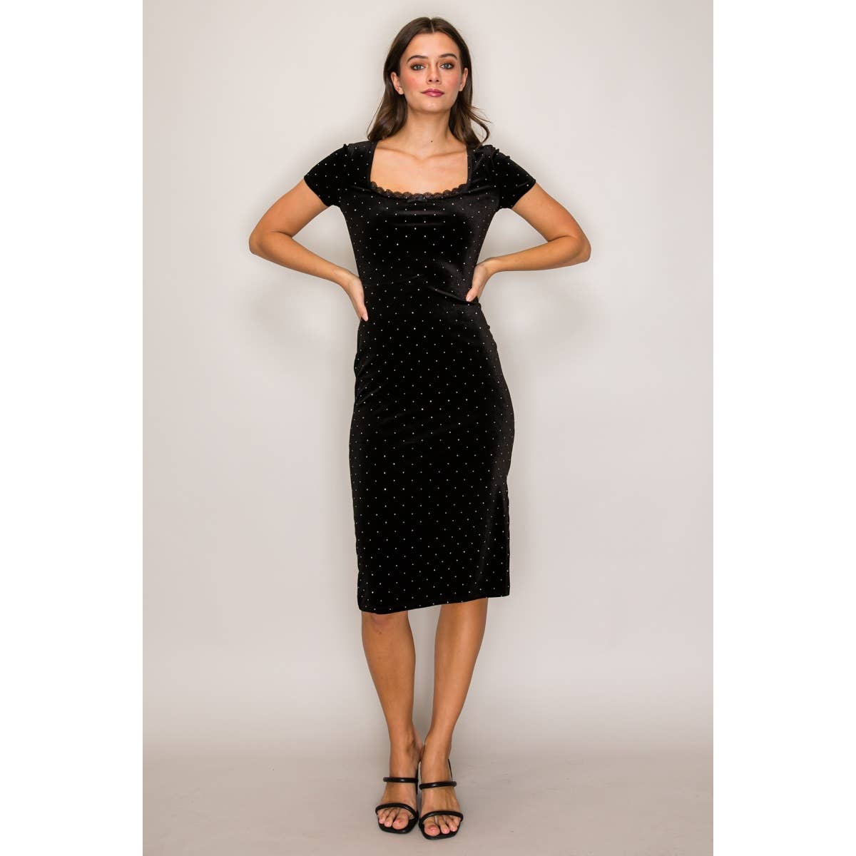 Popular 21 - Wholesale Dress - Women's - Square Neck Short Sleeve Studded Velvet Midi Dress7