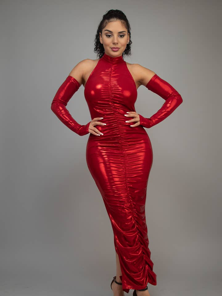 METALLIC RUCHED DRESS WITH SLEEVES-D21268 for wholesale by CHERIE