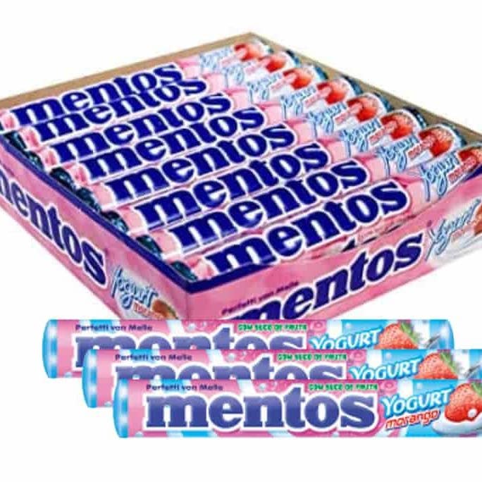Mentos Yogurt Strawberry Chewy Candy Roll Import 16 ct Tray for wholesale by Long Island Candy Factory