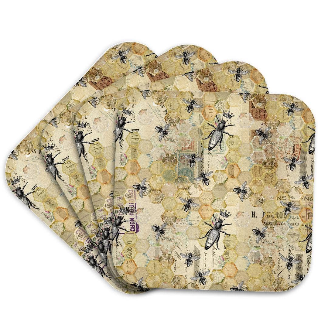 3dRose - Wholesale Coasters - 3dRose, Black, Green, Yellow Honeycomb, Bees, Crowns and Script Collage, Coaster7