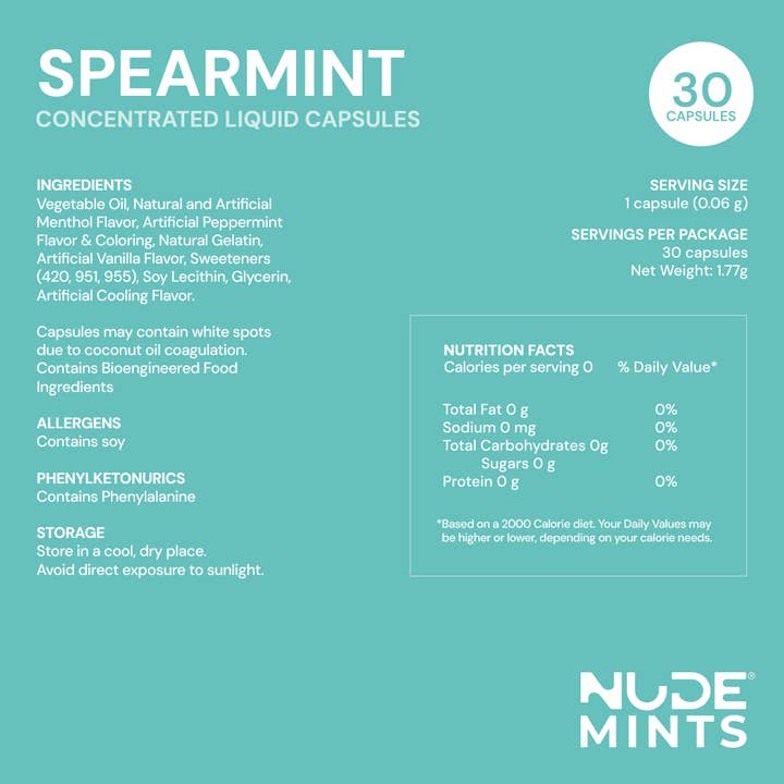 NUDE Mints - Venta al por mayor Suplementos/vitaminas para beber - NUDE Mints - Cápsulas de Menta Líquida de Doble Acción (Menta Verde)