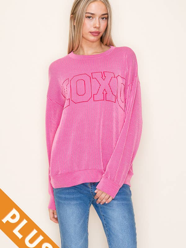 Tres Bien, Inc - Wholesale Screen Printed T-Shirt - Women's - PLUS SIZE VER: "XOXO" OUTLINE VALENTINE'S L/S GRAPHIC TEE