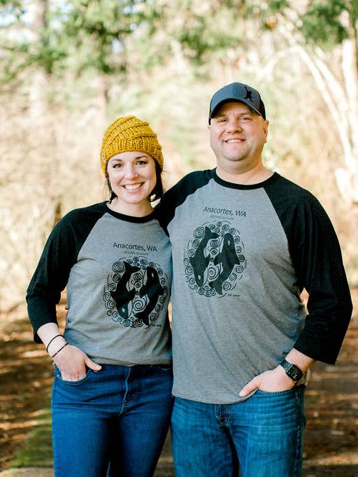 T-Shirt Unissexo Orca 3/4 Manga Preta e Cinza por atacado de Ink + Wool