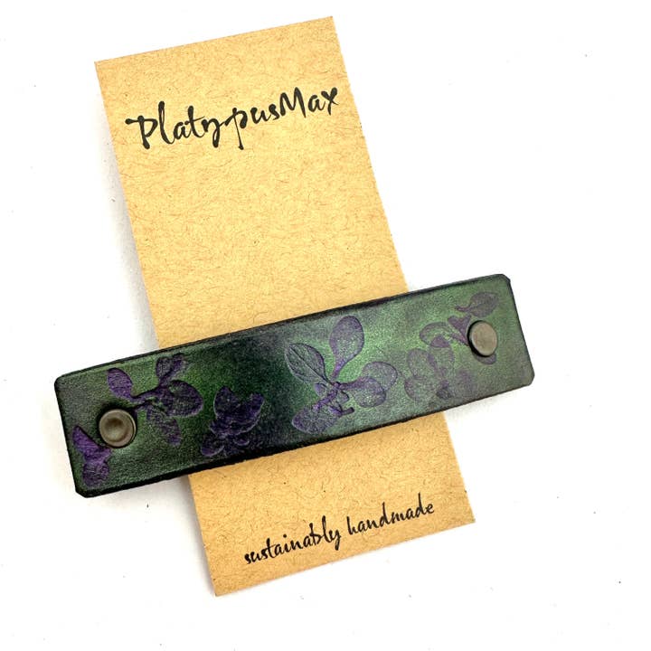 Purple & Green Thyme Leaves Leather Hair Barrette for wholesale by PlatypusMax
