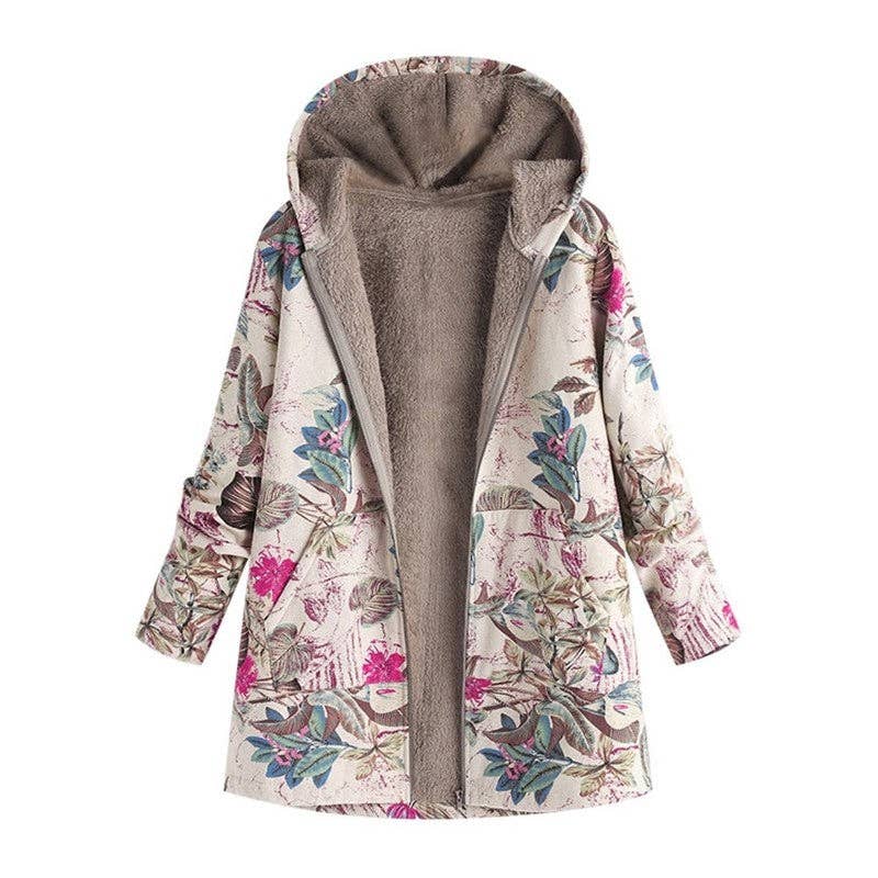 FurDecoration - Wholesale Jacket - Women's - Vintage Floral Print Hooded Long Sleeve Jacket5