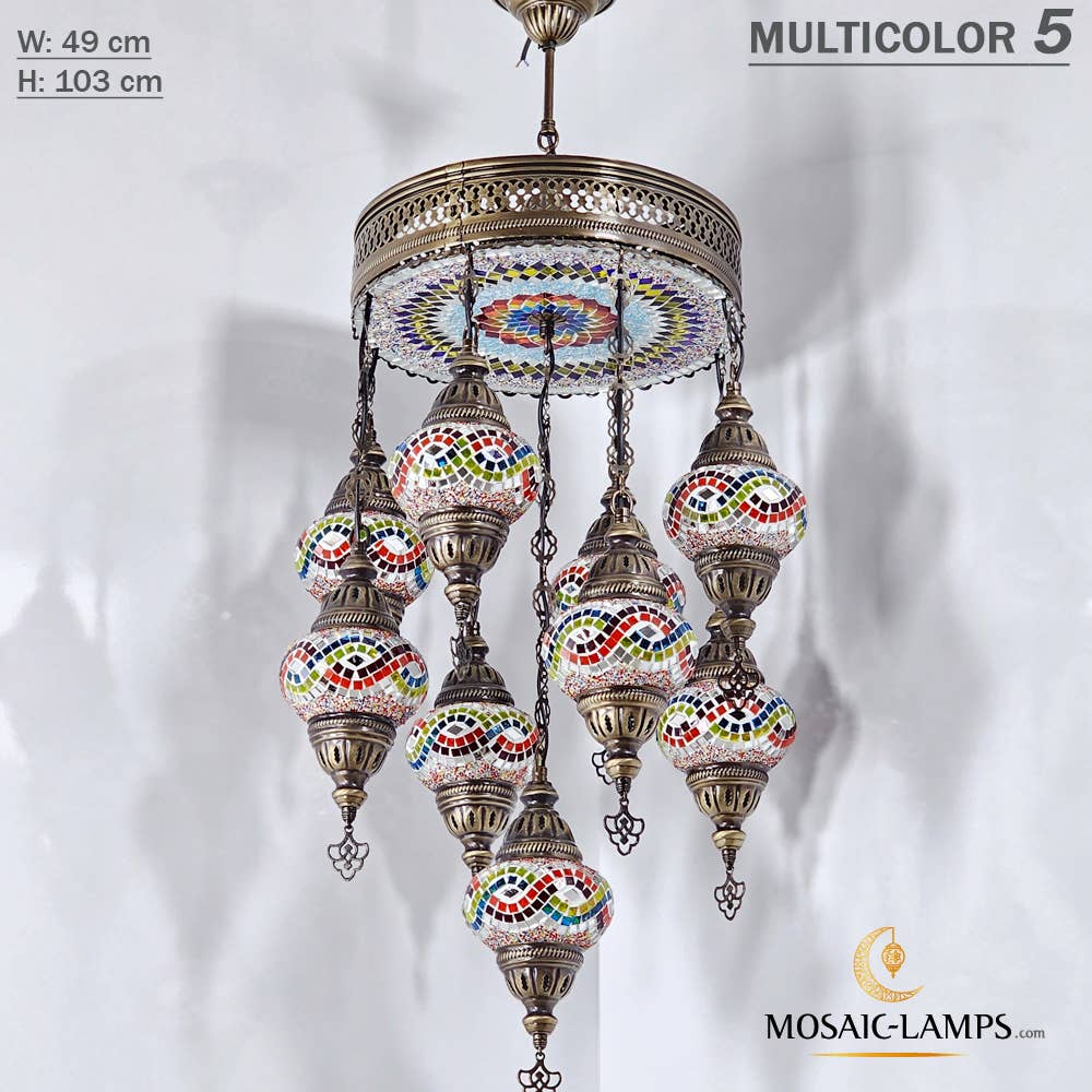 Mosaic Lamps – Großhandel Kronleuchter/Hängeleuchte – 9+1 türkische Kronleuchter mit gemischtem Globusmosaik, gemischte Siedlung21