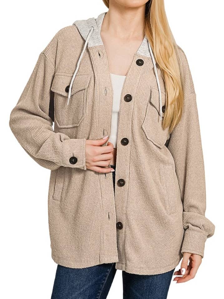 Brushed Rib Hooded Button Down Shacket for wholesale by Vanilla Monkey