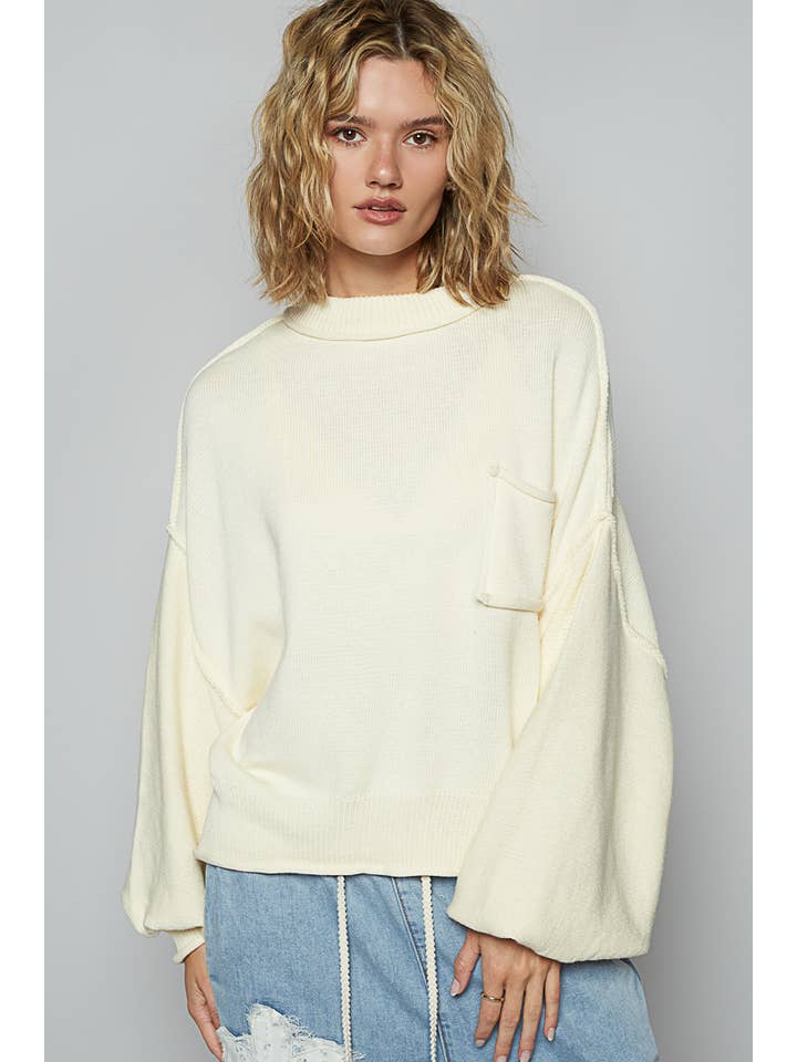 Pol Clothing - Wholesale Knit Sweater - Women's - Oversize balloon sleeve round neck pullover sweater SALE