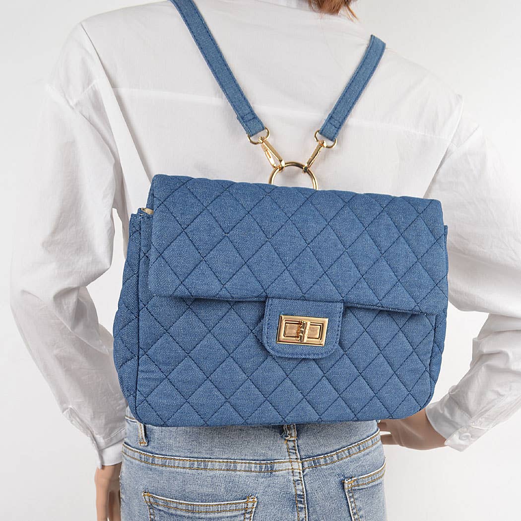 3AM BY H&D ACCESSORIES - Wholesale Backpack - Women's - Quilted Denim Flap Backpack4