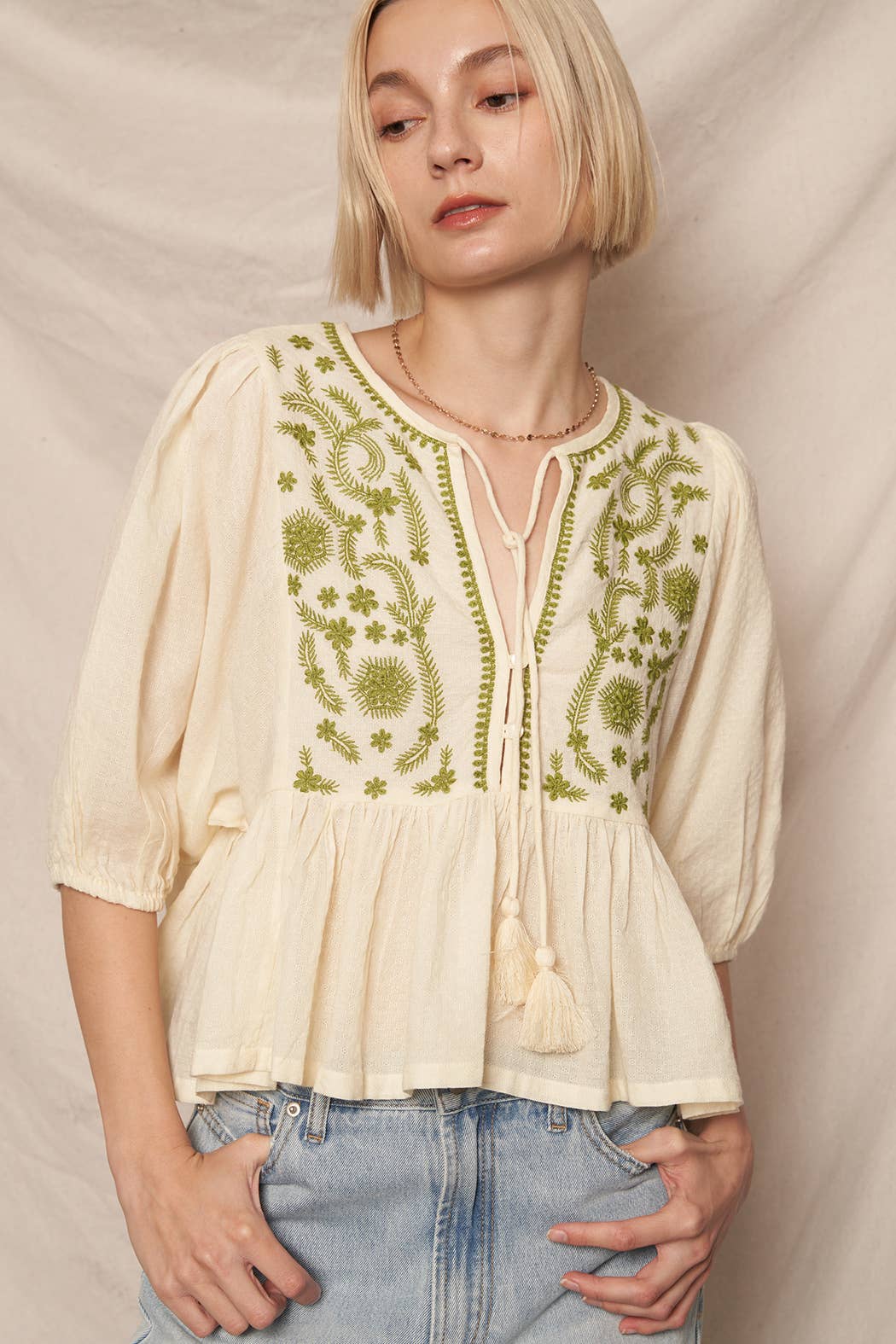 En Crème - Wholesale Blouse - Women's - Puff Sleeve Peplum Top with Embroidery Detail23