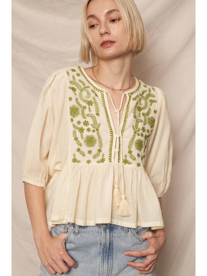 En Crème - Wholesale Blouse - Women's - Puff Sleeve Peplum Top with Embroidery Detail23