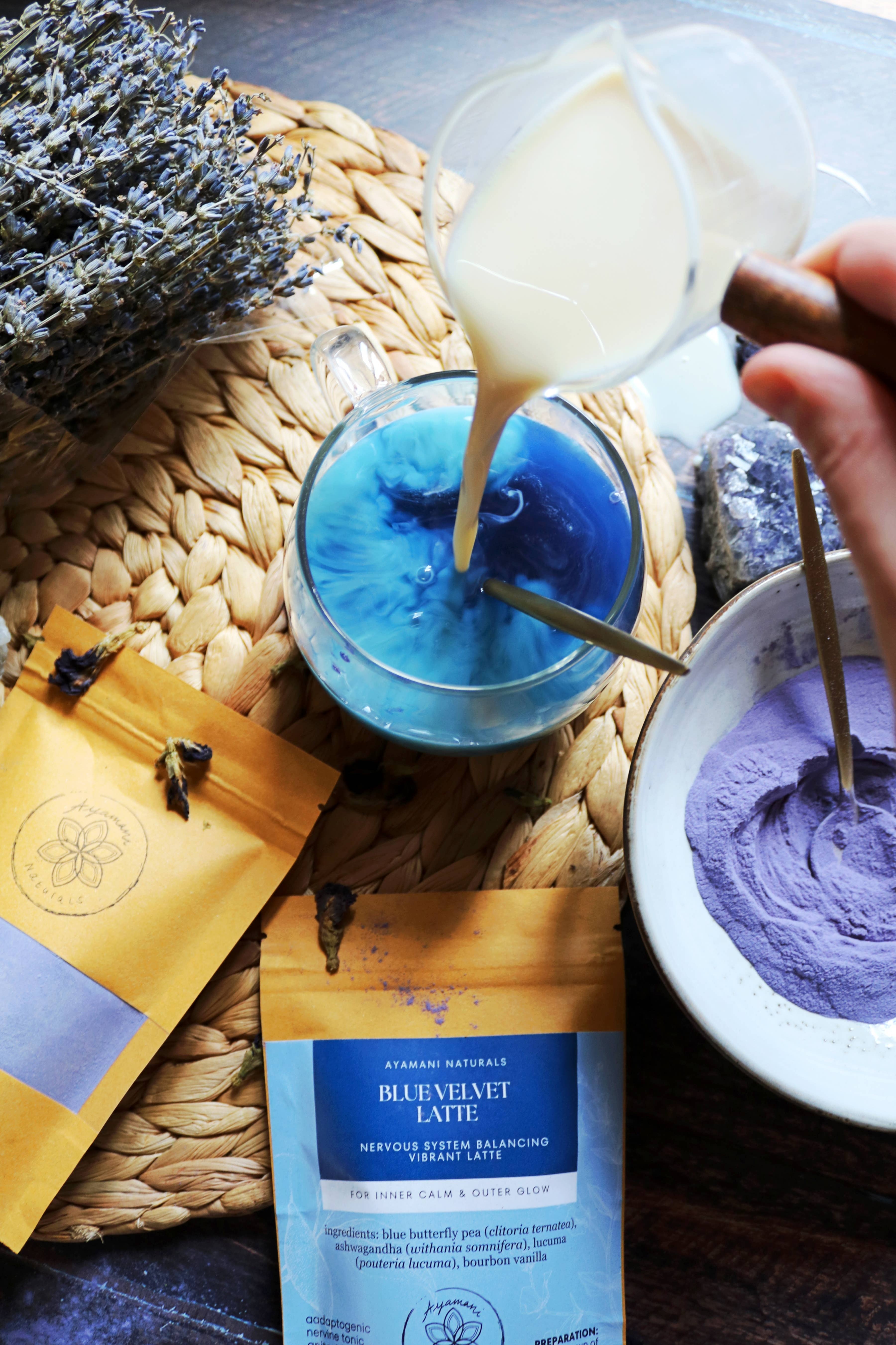Ayamani Naturals - Wholesale Protein/Superfood Powder - BLUE VELVET LATTE | Blue Butterfly Pea Blend Latte1