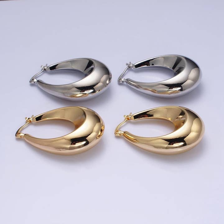 16K Gold Filled 40mm Oblong U-Curved Dome Latch French Lock Hoop Earrings in Gold & Silver | AD-887 AD-888 for wholesale by Aim Eternal