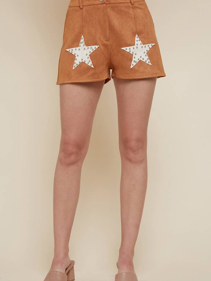 SIP6191A CAMEL SUEDE SHORTS WITH SOLID SILVER STUDDED STARS for wholesale by Saints & Hearts