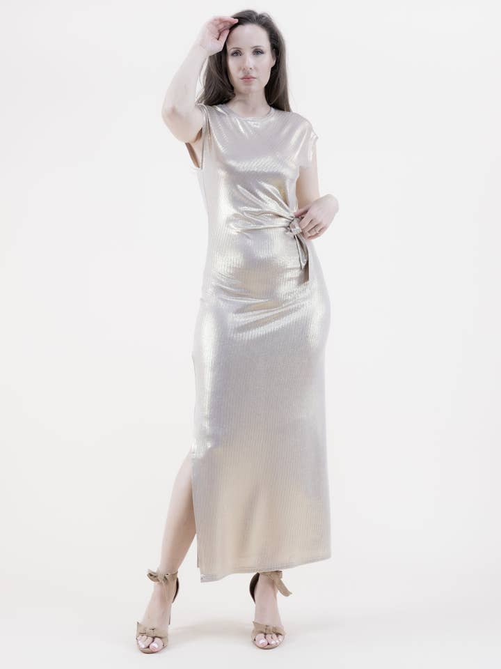 Metallic Jewel Neck Drop Shoulder Side Knot Dress for wholesale by Original USA