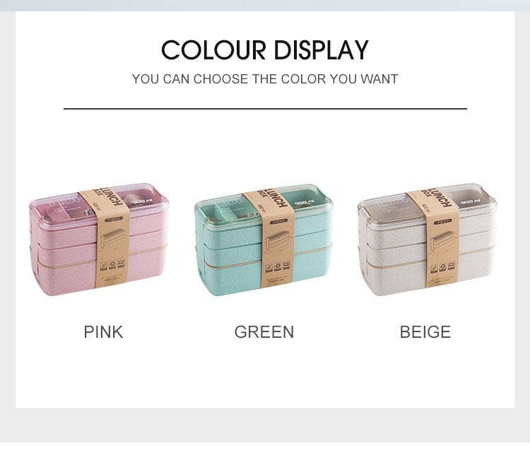 Homerely (We Cover All Import Duties) - Wholesale Lunch Bag/Box - 3 Layer Wheat Straw Bento Boxes With Spoon & Fork0